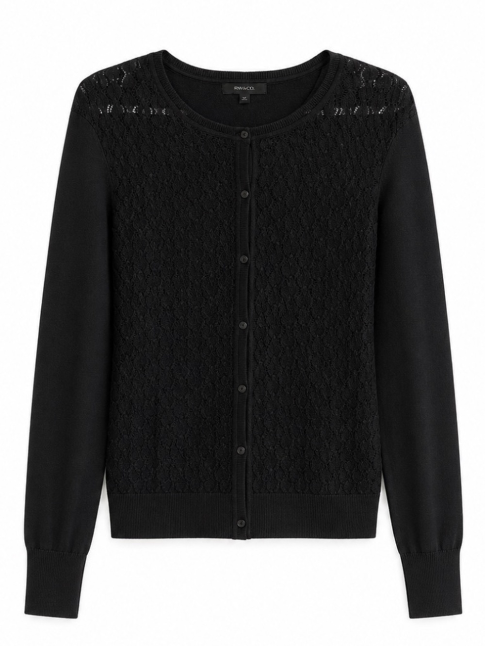 RW&CO. Black Lace-Like Fine Knit Front Button-Up Cardigan – Size Medium EUC